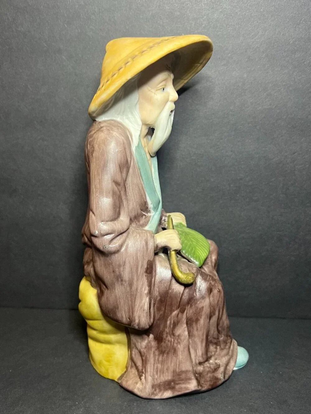 Vintage 1970s Toyo Porcelain Seated Old Asian Man Figurine w/ Palm Leaf Fan